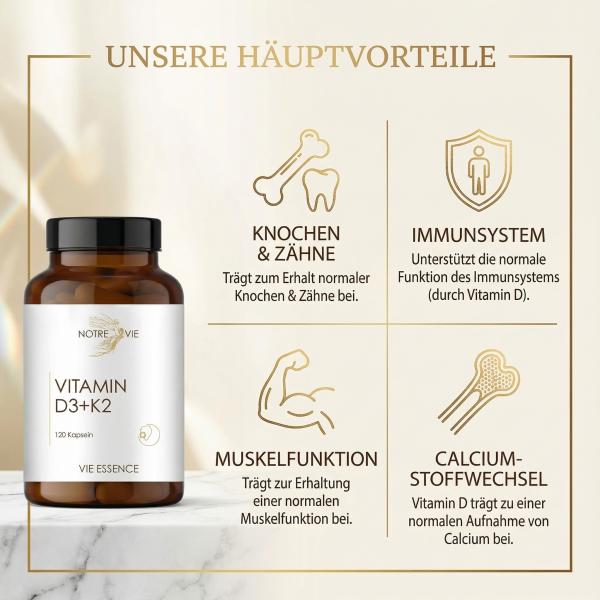 Preview: Glass bottle of Vitamin D3 + K2 capsules by Notre Vie, 120 capsule-3