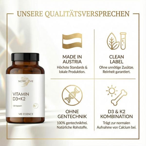 Glass bottle of Vitamin D3 + K2 capsules by Notre Vie, 120 capsule-5