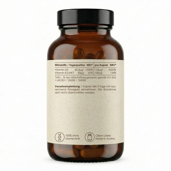 Glass bottle of Vitamin D3 + K2 capsules by Notre Vie, 120 capsule-7