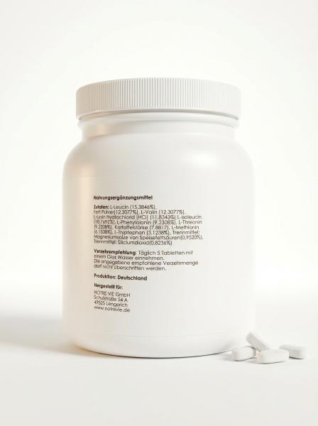 Preview: White jar of Notre Vie Essential Amino Acids MAP with 450 vegan tablets and loose tablets decoration-4