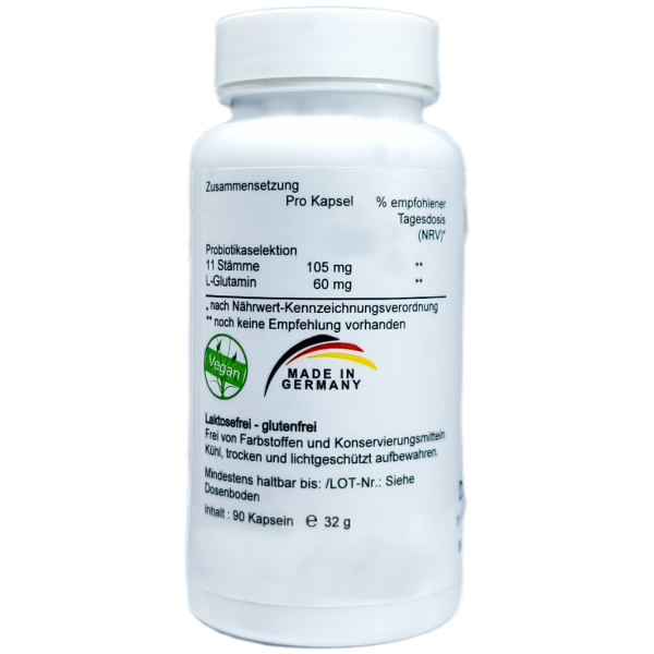 Darm Vital Capsules – vegan probiotic supplement with 11 strains + L-glutamine in white bottle (90 count)