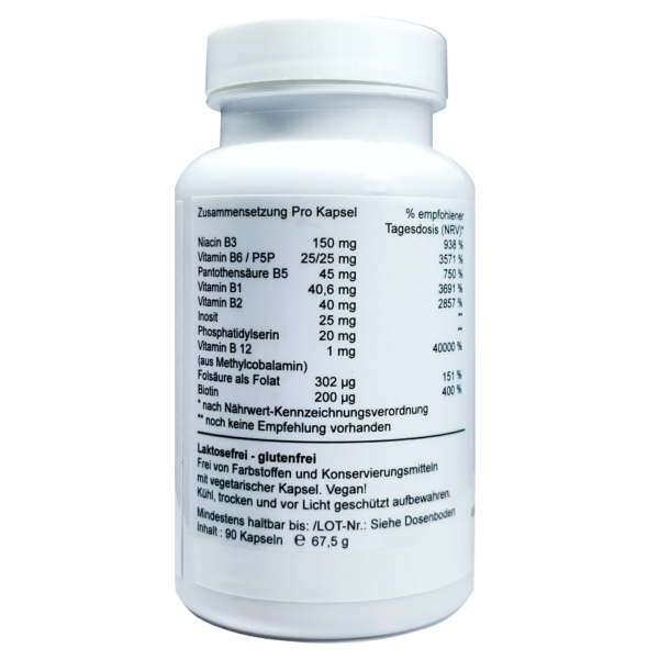 Preview: Vitamin B-Komplex – 90 vegane Kapseln mit Methylcobalamin Preview: Vitamin B-Komplex – vegane Kapseln mit Methylcobalamin, P5P & aktivem Folat von OBV (90 Stück)