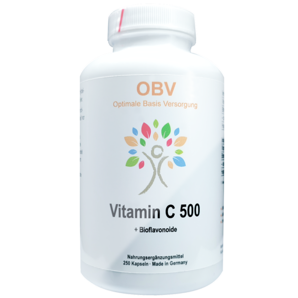 Vitamin C 500 – Nahrungsergänzung mit Bioflavonoiden & Hagebutten von OBV, 250 vegane Kapseln in Weißdose