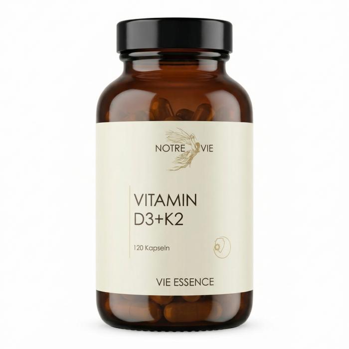 Glass bottle of Vitamin D3 + K2 capsules by Notre Vie, 120 capsule-1