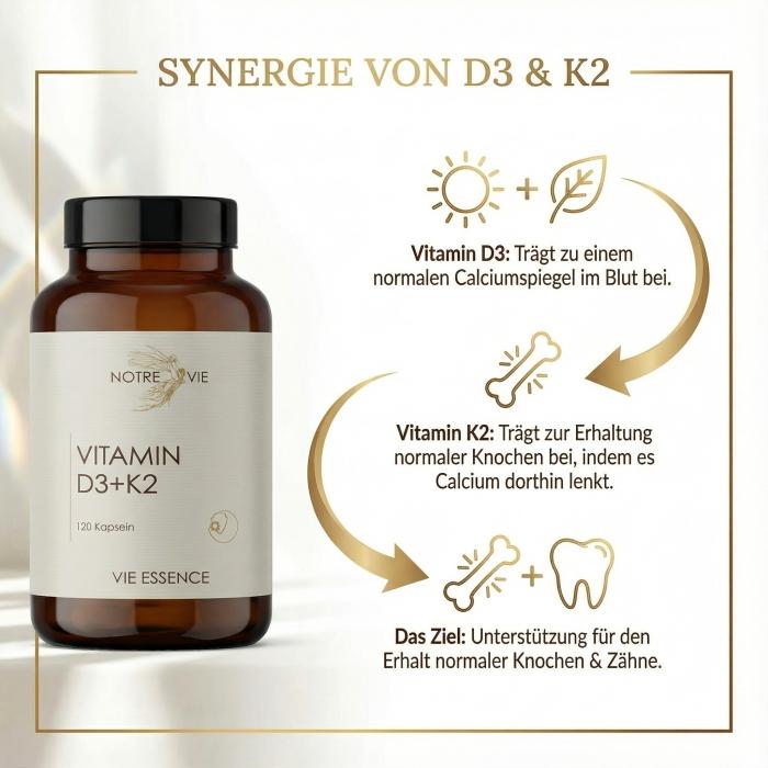 Glass bottle of Vitamin D3 + K2 capsules by Notre Vie, 120 capsule-4