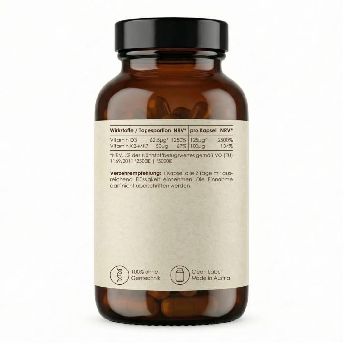 Glass bottle of Vitamin D3 + K2 capsules by Notre Vie, 120 capsule-7