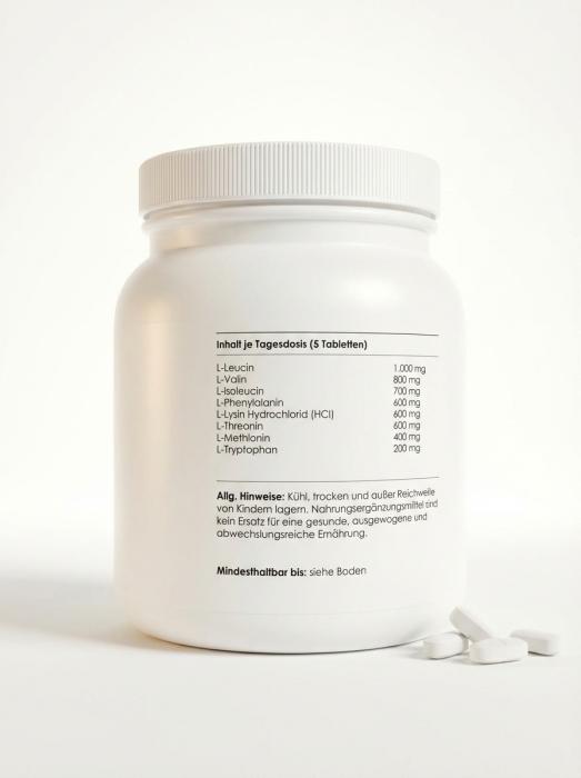 White jar of Notre Vie Essential Amino Acids MAP with 450 vegan tablets and loose tablets decoration-3