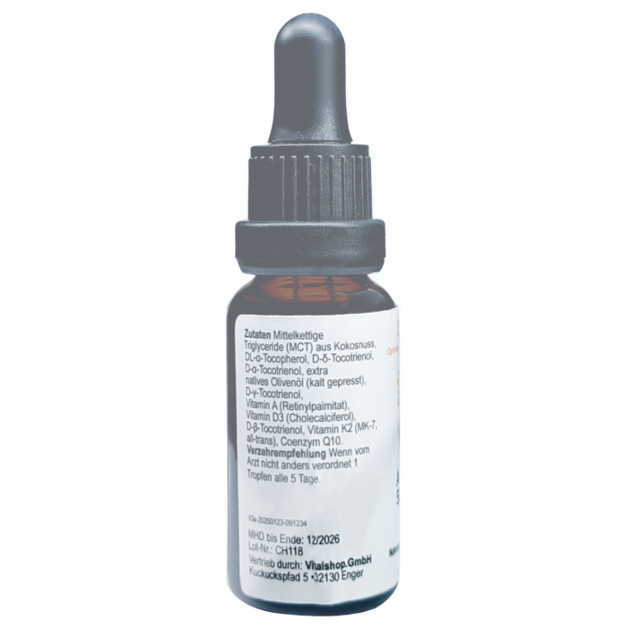 3 Flüssige Vitamine A‑D‑E‑K Tropfen in Pipettenflasche OBV – 20 ml, 5 000 IE Vitamin D₃ pro Tropfen, vegan